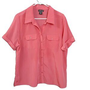 Feathers Woman's Top Size XL Button up, Pockets, Salmon Color, Short Sleeve